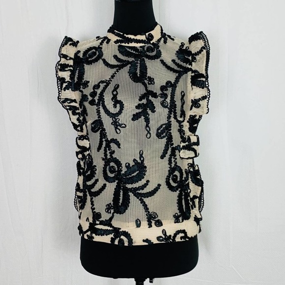 dRA Los Angeles Womens Floral Embroidered Tulle Top Small Ruffle Sleeve - Picture 2 of 13